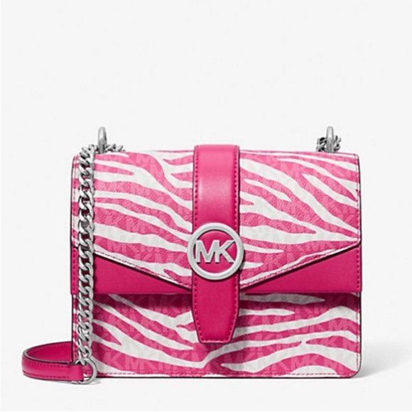 MICHAEL KORS Greenwich Small Zebra Print Calf‑Hair Crossbody Bag Pink White NWT - Picture 1 of 8